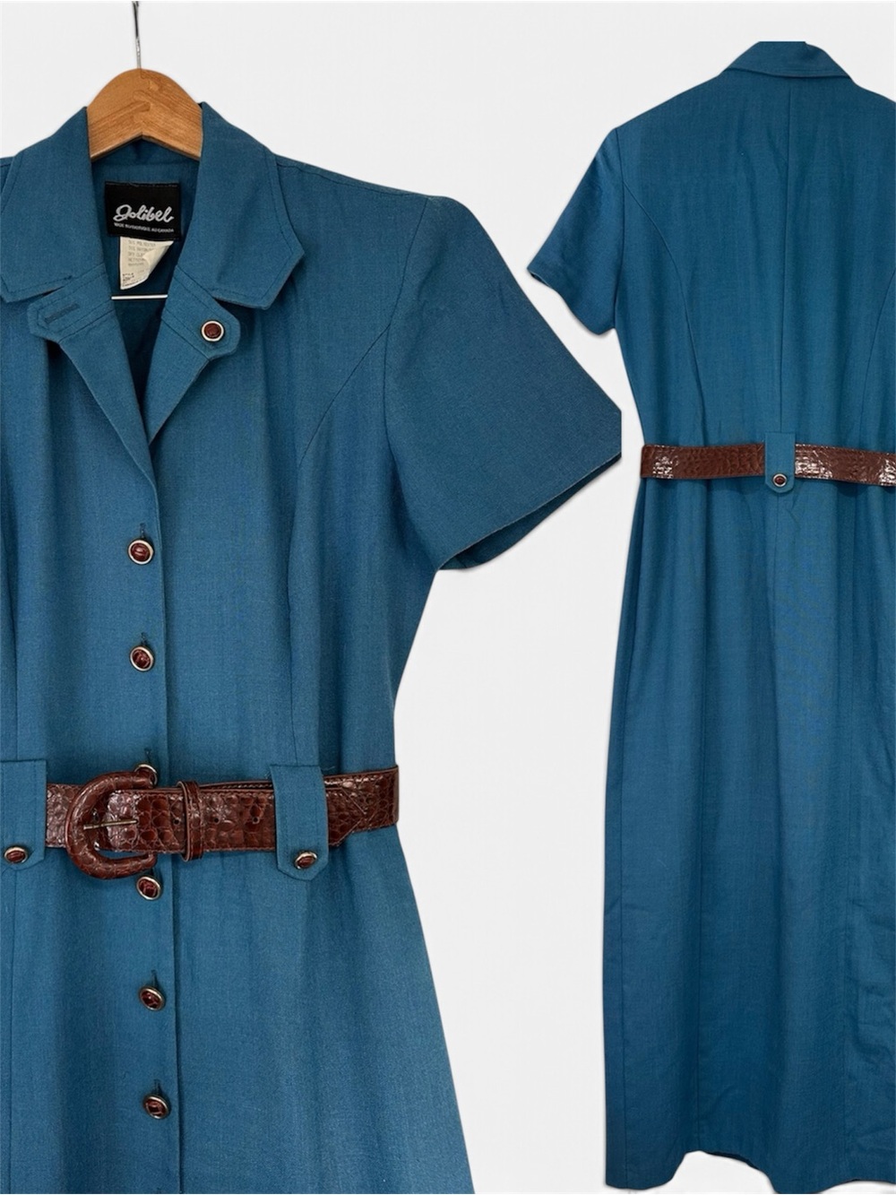 Vintage Jolibel Teal Button-Front Maxi Dress with Brown Belt